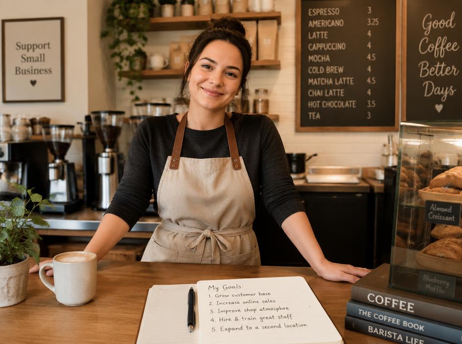 Dueña de cafetería con su cuaderno de objetivos